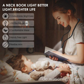 Wiederaufladbare 4 super helle LED -Buchlicht, 3 Level Steuerelement Halsumarmung, Lesen von Lichtern für Bücher im Bett nachts